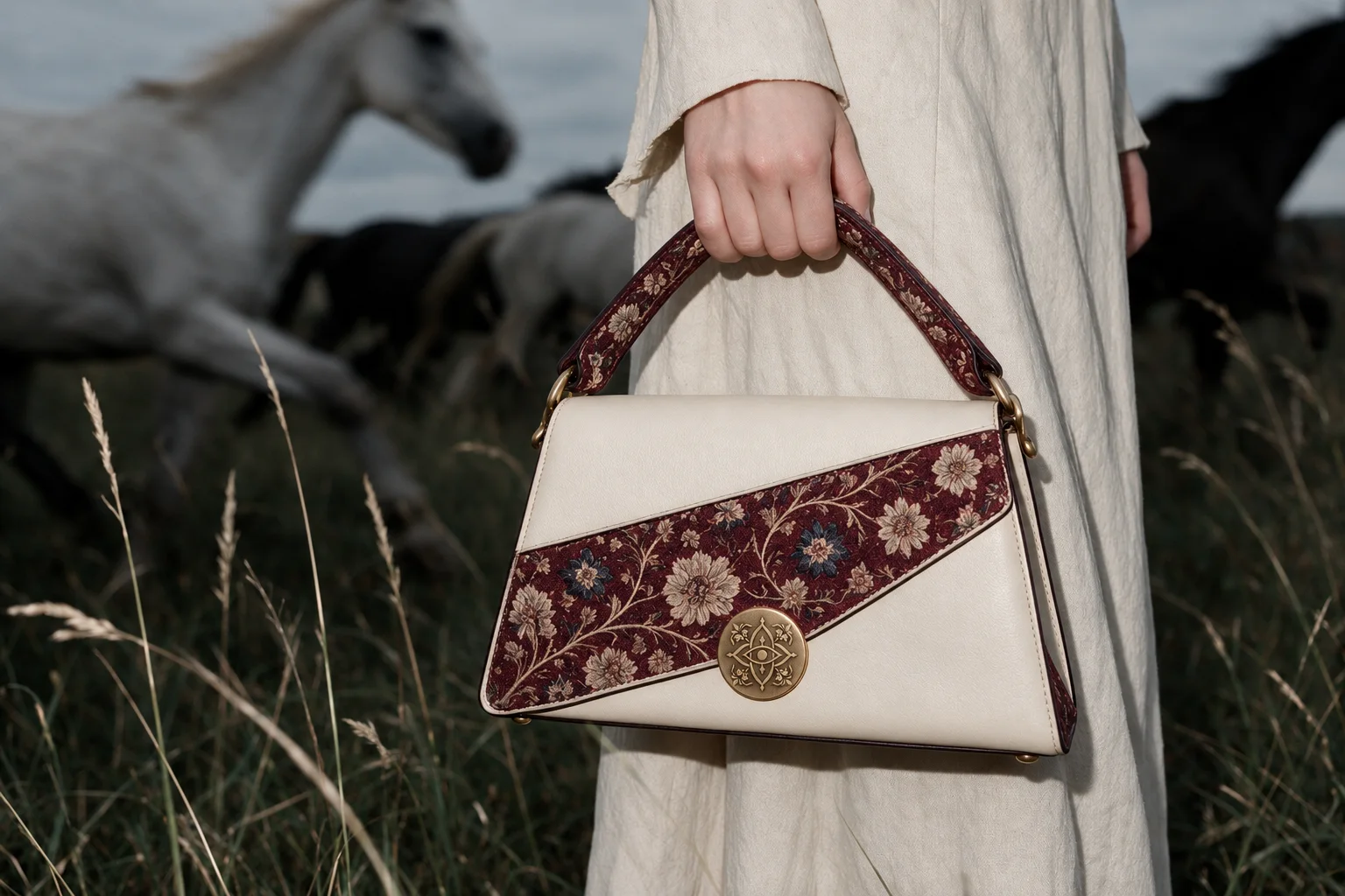 Close-up of the cream bag with a diagonal burgundy textile panel and a brass clasp engraved with the BĀGH emblem